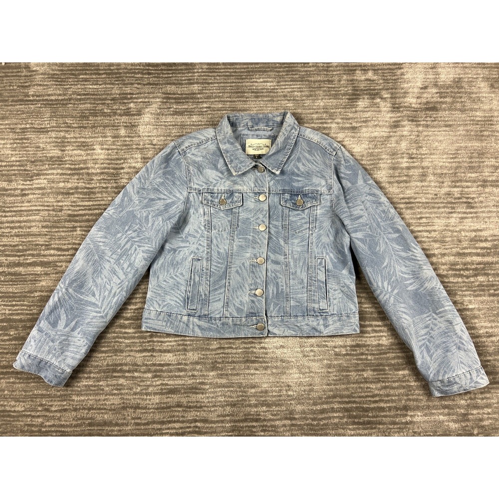 Ashley-Vintage Charm Denim Jacket Womens L Blue Palm Leaf Print Trucker Casual